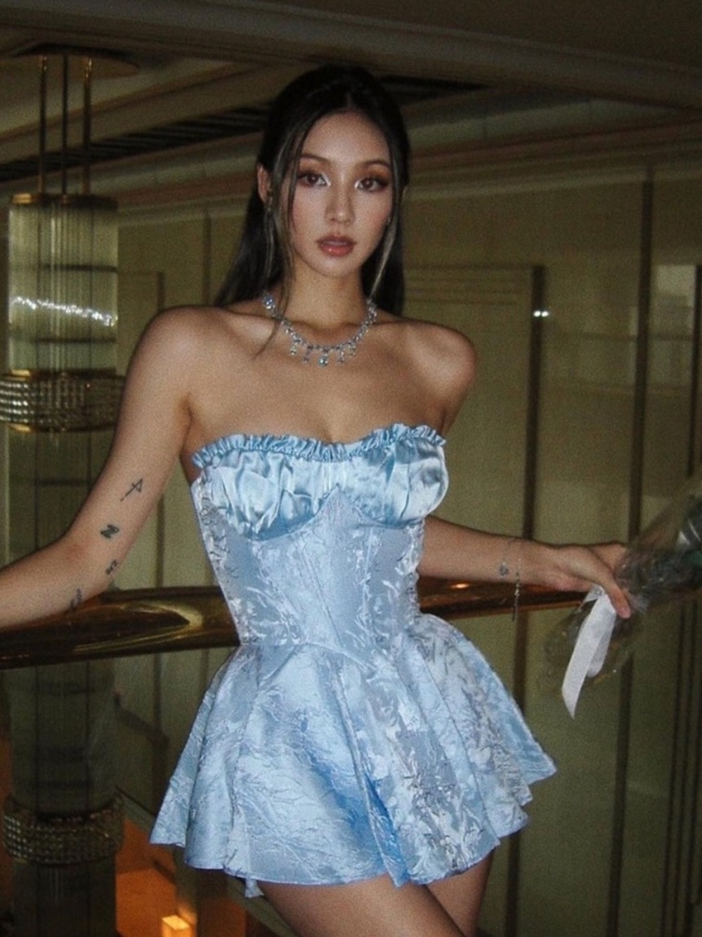 Nana Jacqueline Dress Airina Corset Bustier Jacquard Strapless Mini in Sky Blue